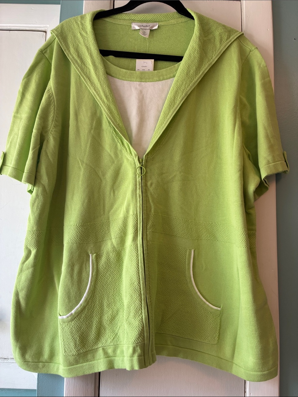 CJ Banks Lime Green Short-Sleeve Zip Front Sweater